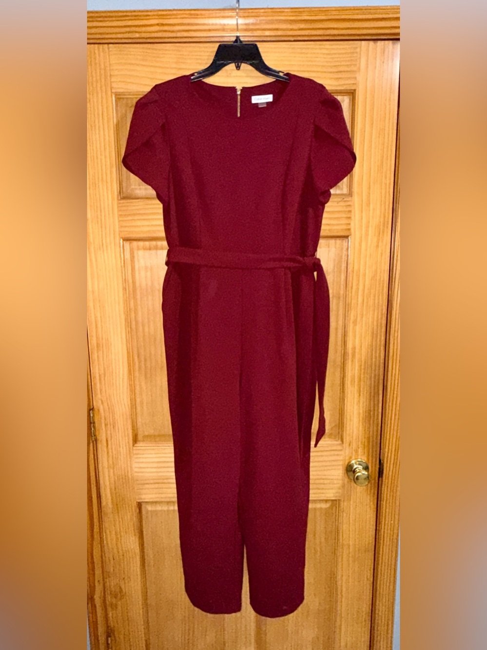 Calvin Klein Elegant Burgundy Jumpsuit w/Self Tie Belt, Tulip Sl & Pockets-16-EC - Picture 3 of 16